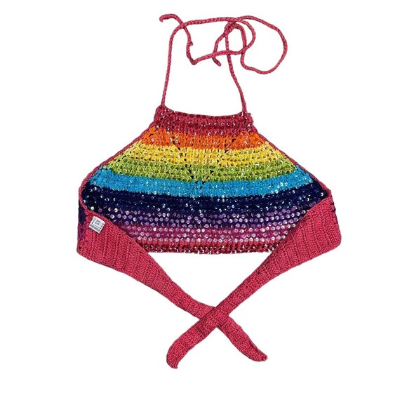 Crochet Halter Top  Girls OSFM  Rainbow Sequin Front  #Boho #Festival #Hippie - Picture 1 of 10